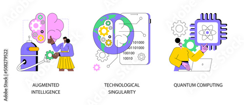 Innovative information technology abstract concept vector illustration set. Augmented intelligence, technological singularity, quantum computing, computer science, machine learning abstract metaphor. © Vector Juice