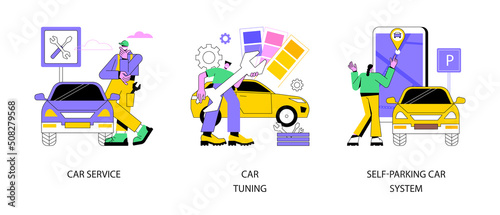 Automobile service abstract concept vector illustration set. Car service, vehicle tuning, self-parking car system, smart driverless technology, auto diagnostics, body shop abstract metaphor.