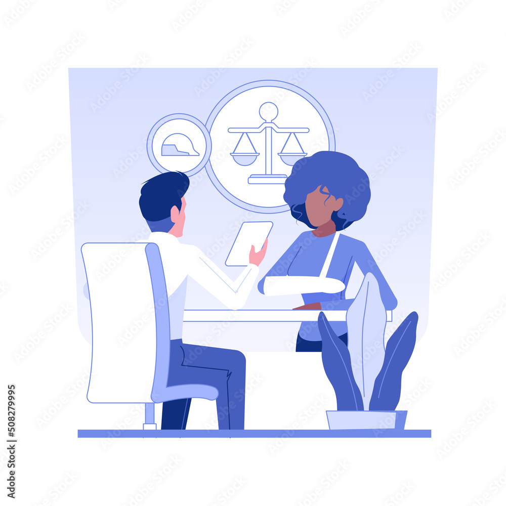 Employment lawyer isolated concept vector illustration. Woman talking to lawyer about employee rights, business people equality, legal service, banking and finance sector vector concept. Employment lawyer isolated concept vector illustration. Woman talking to lawyer about employee rights, business people equality, legal service, banking and finance sector vector concept.