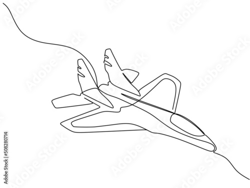 Continuous line drawing militarian plane. The plane flies from left to right. Drawing from the hands of a black thin line on a white background. photo