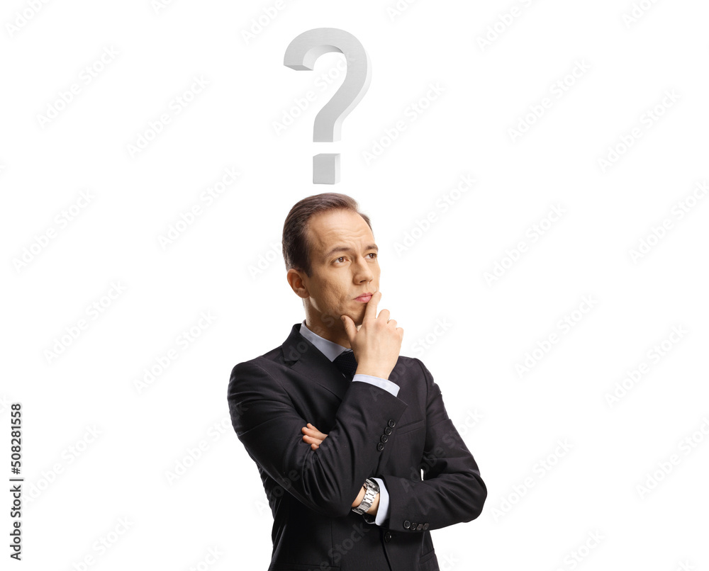 Pensive businessman with a question mark above his head holding his chin and thinking Pensive businessman with a question mark above his head holding his chin and thinking