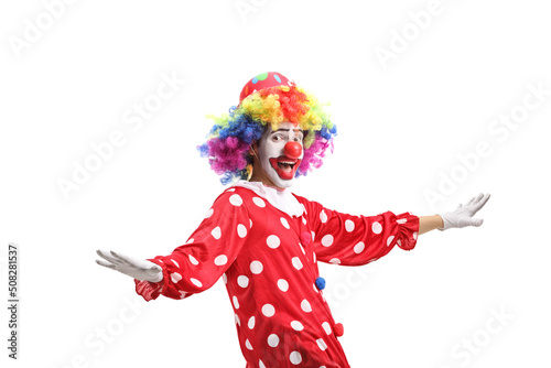 Obraz na plátne Funny cheerful clown gesturing with hands