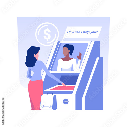 Interactive teller machine isolated concept vector illustration. Businessman using terminal with remote teller 24 for 7, ATM in brick and mortar bank, video banking technology vector concept. photo