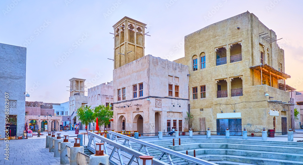 Panorama of historic adobe houses of Al Seef, Dubai, UAE