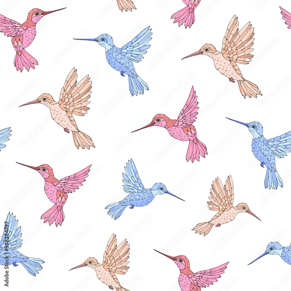 Vector seamless pattern with hummingbird. Decoration print for wrapping, wallpaper, fabric. Seamless vector texture. Vector seamless pattern with hummingbird. Decoration print for wrapping, wallpaper, fabric. Seamless vector texture.