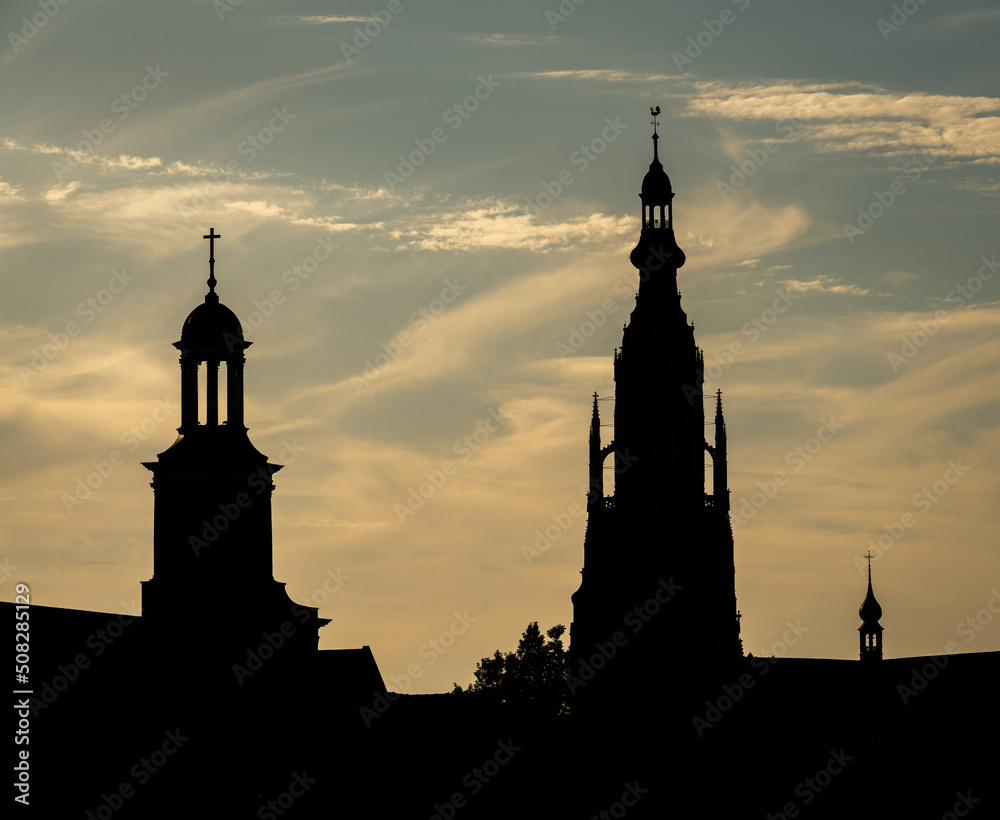 Silhouette of the iconic big church of Breda, The Netherlands, by sunset