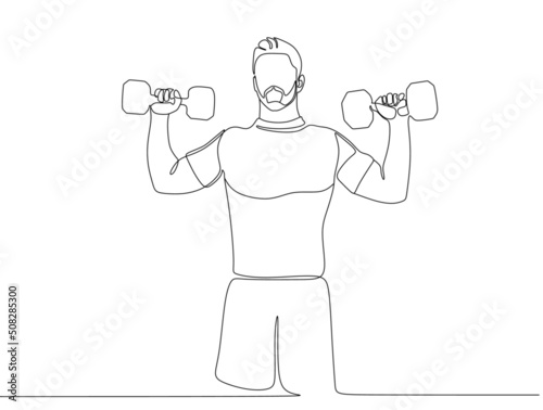 Single continuous line drawing of young sportive man training in sport gymnasium club center. Fitness stretching concept. One line draw design vector illustration
