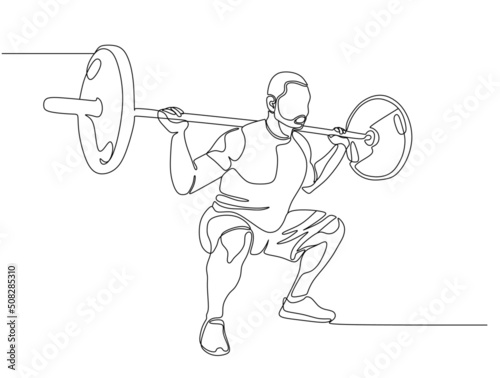 Single continuous line drawing of young sportive man training in sport gymnasium club center. Fitness stretching concept. One line draw design vector illustration