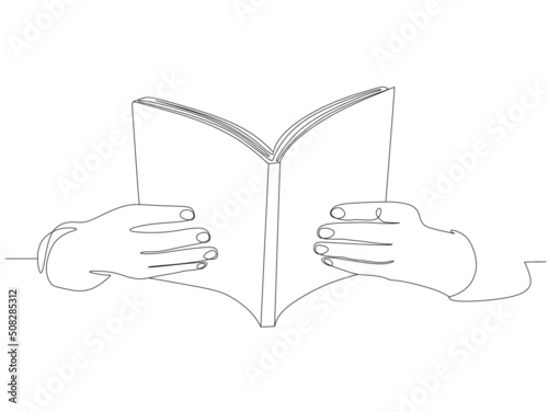 one continuous drawn line art doodle hand, paper, magazine, book, holding. isolated image hand-drawn outline on white background.