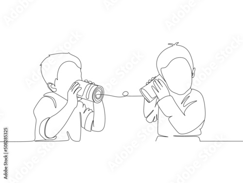 Single continuous line drawing little boys talk using string phone. Children communicating through paper cups phone. Kids playing with can telephone. One line draw graphic design vector illustration
