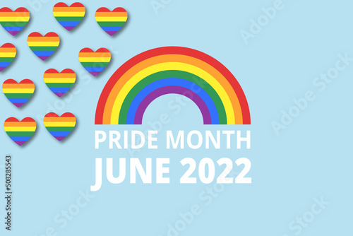 Pride month 2022, 2023, 2024 LGBTQ Pride Flag Colours with minority flag.Rainbow Pride symbol with heart,LGBT,sexual minorities, gays and lesbians.Designer sign,logo,icon