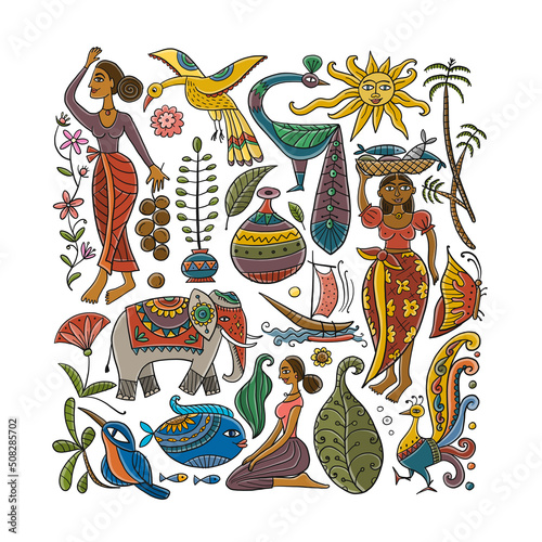 Tropical life, fairy nature background. Art with women, birds and elephant. Frame for your design