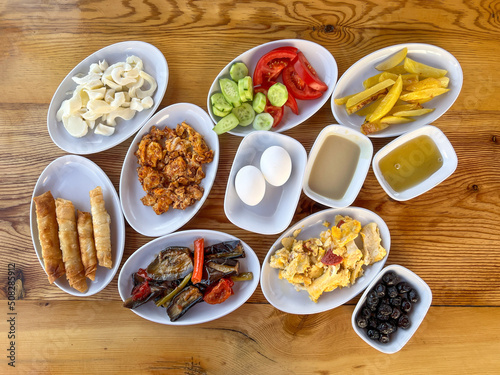 top view of traditional delicious turkish breakfast table in turkey