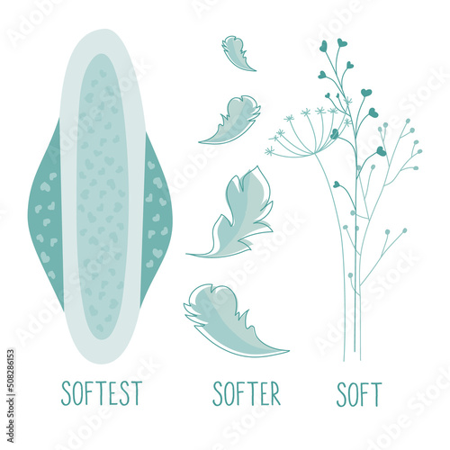 Vector illustrations hygienic device menstrua pads, feather and lettering SOFT SOFTER SOFTEST. Menstrual period, PMS and blood is NORMAL.