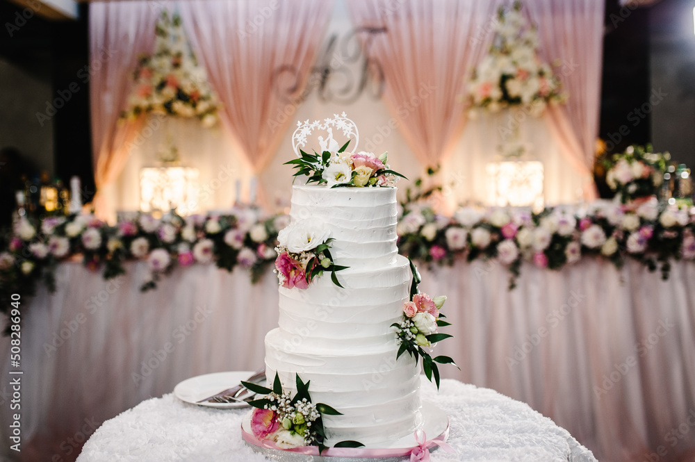 White wedding cake with pink flowers for wedding banquet. Delicious reception. Copy space. Celebration party concept. Trendy Cake. White wedding cake with pink flowers for wedding banquet. Delicious reception. Copy space. Celebration party concept. Trendy Cake.