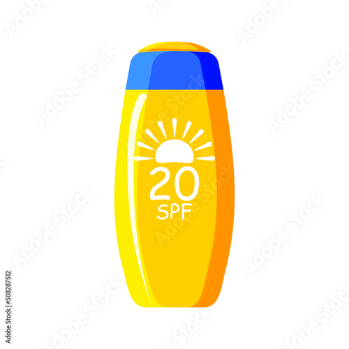 Yellow tube with a blue cap of SPF 20 sunscreen on a white background. Cosmetics with UV protection. Vector.