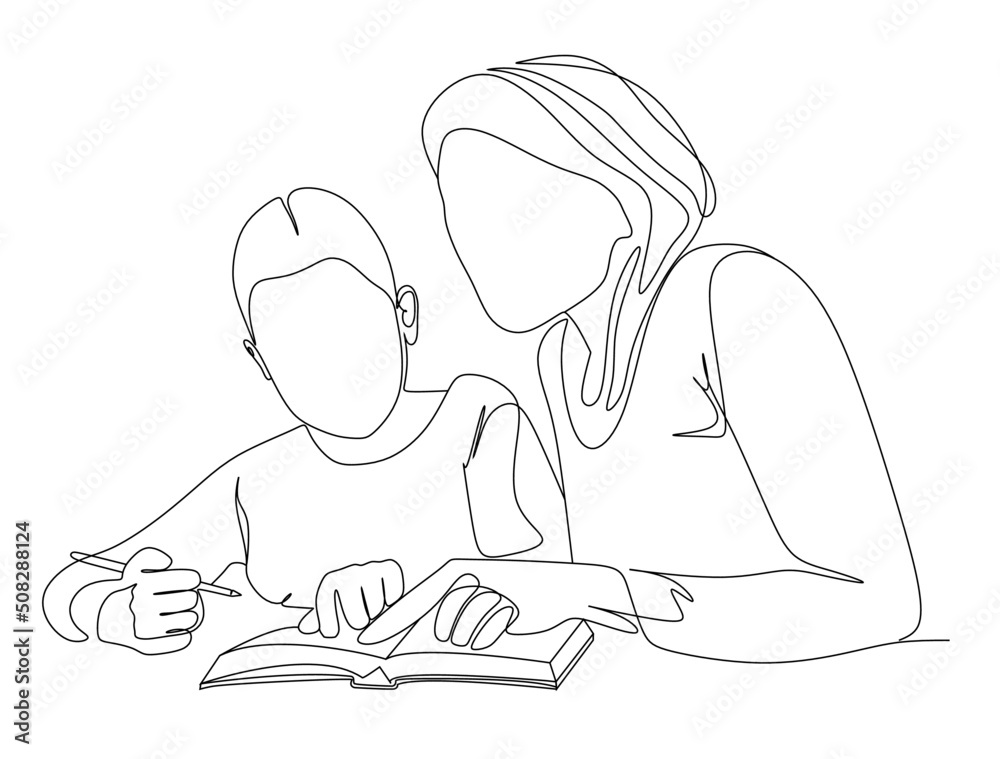 continuous single drawn one line mom makes with daughter lessons drawn from the hand picture silhouette. Line art. character daughter and mom are engaged