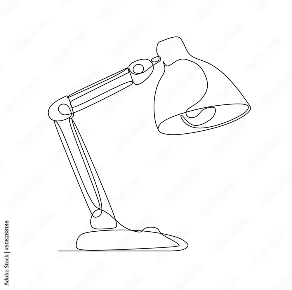 Continuous one line drawing. Lamp on the table. Vector illustration. One  continuous drawn line art doodle linear, hand, lamp, white, light, home,  background. isolated image hand-drawn outline. Stock-Vektorgrafik