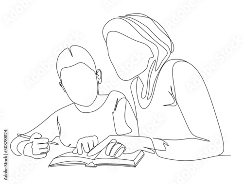 continuous single drawn one line mom makes with daughter lessons drawn from the hand picture silhouette. Line art. character daughter and mom are engaged