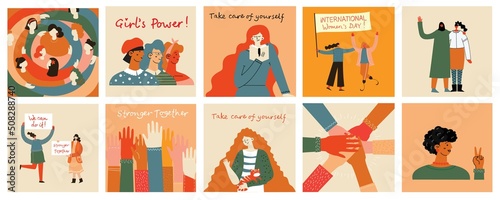 Women friendship group. Diverse female team standing together, holding hands, girls power, multinational sisterhood community vector illustration. Friendship group females, people diversity