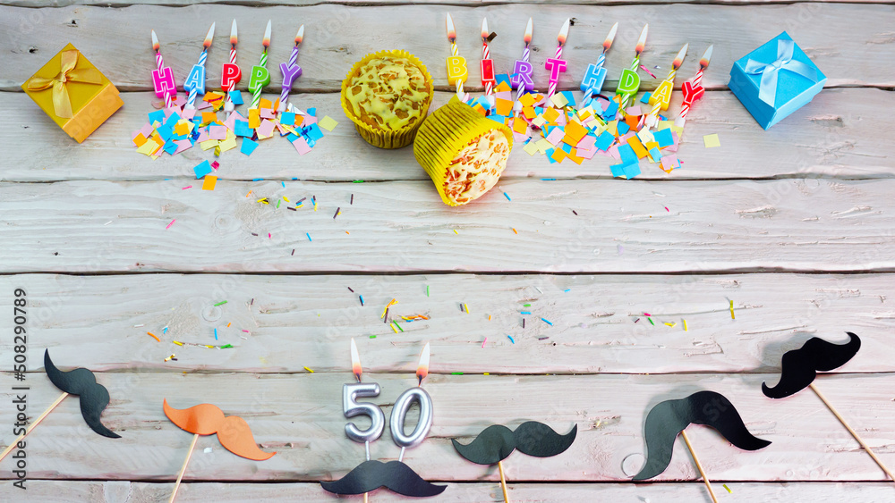 Birthday number 50. Top view happy birthday candles, save space