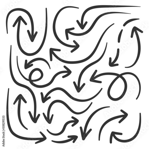 Set of hand drawn thick arrows. Sketch doodle style. Vector illustration. .