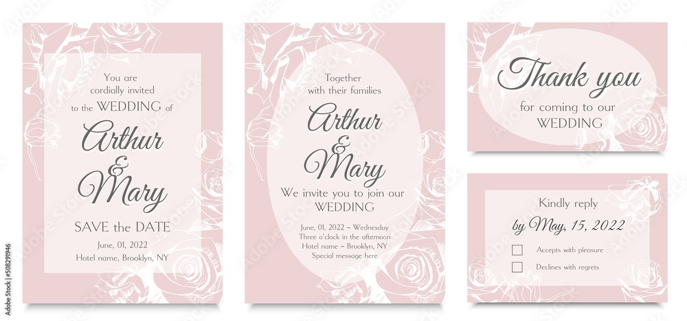 Floral design for wedding invitation with roses on pink. Vector invitation set: card for invitation, thank you, rsvp. Floral design for wedding invitation with roses on pink. Vector invitation set: card for invitation, thank you, rsvp.
