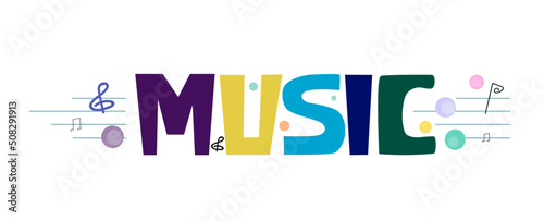 Music vector words for banner header sticker Gif colourful typography. Meditate good health peace and mindfulness in music. International music festival concert.