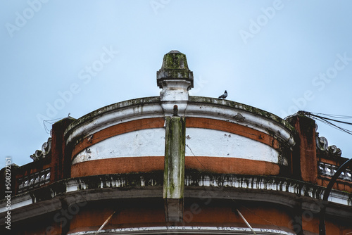 Pigeon on top of a beautiful old centuries building with neoclassical architecture, ornaments and decoration in a cloudy day, Valdivia, Chile photo