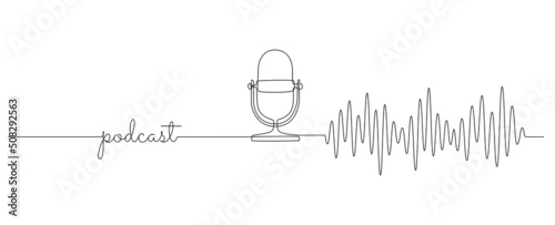 Continuous one line drawing of podcast microphone and sound wave. Vintage old mike in simple linear style for banner music, webinar, online training. Editable stroke. Doodle vector illustration