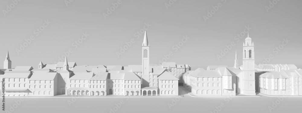 Light gray cityscape background. Monochrome urban landscape with street. Architectural panorama in monochrome style. Horizontal wallpaper. Panorama of the city. 3D visualization.