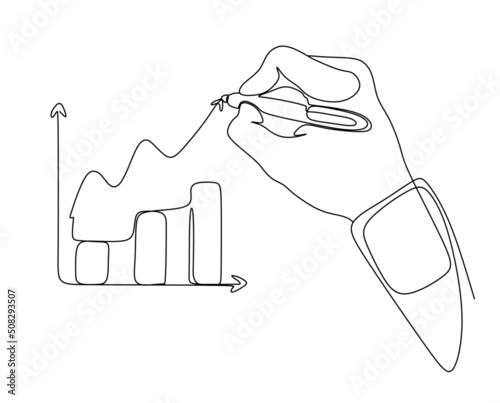 One continuous line drawing of graph icon isolated on white background vector illustration. Growing graph with hand. Single line vector. 