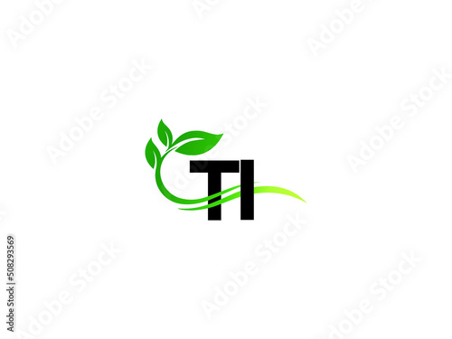 Natural TI Logo Design, Letter Ti it Green Leaf and Organic Logo Icon Design
