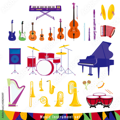 Orchestra and rock band instrument set illustration.