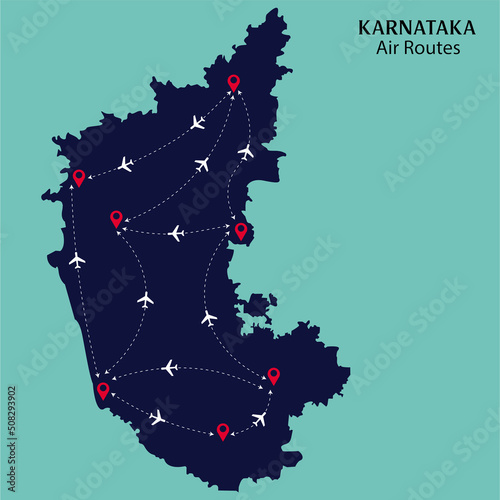 Karnataka Air Route links  in the Karnataka Map vector illustration