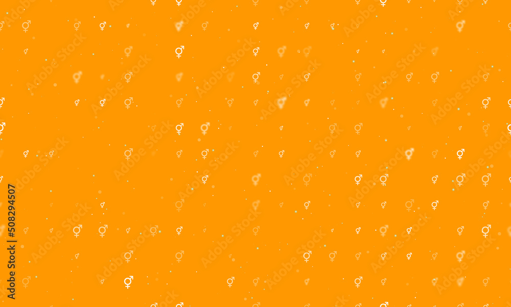 Seamless background pattern of evenly spaced white bigender symbols of different sizes and opacity. Vector illustration on orange background with stars Seamless background pattern of evenly spaced white bigender symbols of different sizes and opacity. Vector illustration on orange background with stars