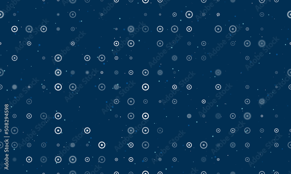 Seamless background pattern of evenly spaced white astrological sun symbols of different sizes and opacity. Vector illustration on dark blue background with stars