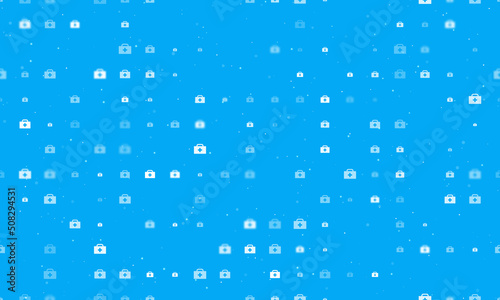 Seamless background pattern of evenly spaced white first aid symbols of different sizes and opacity. Vector illustration on light blue background with stars