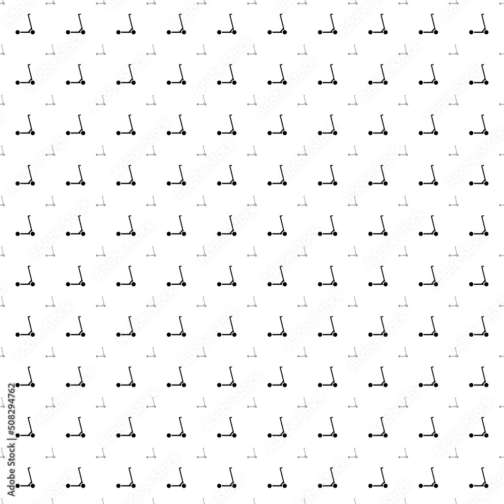 Square seamless background pattern from black kick scooter symbols are different sizes and opacity. The pattern is evenly filled. Vector illustration on white background