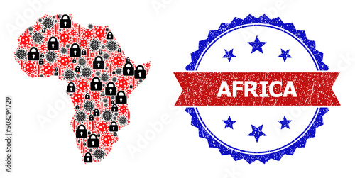 Vector sars virus mosaic map of Africa, and bicolor dirty Africa seal stamp. Mosaic geographic map of Africa designed with covid infection, lockdown, warning elements.