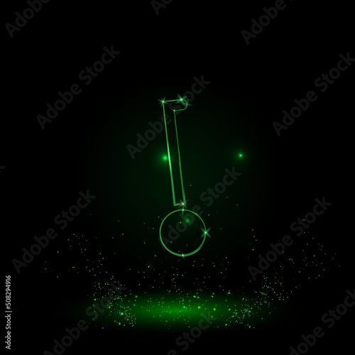 A large green outline gyroscooter on the center. Green Neon style. Neon color with shiny stars. Vector illustration on black background