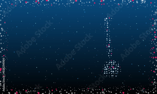 On the right is the gyroscooter symbol filled with white dots. Pointillism style. Abstract futuristic frame of dots and circles. Some dots is pink. Vector illustration on blue background with stars