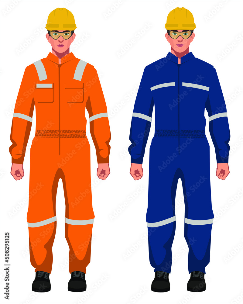 set of fat industrial worker on orange and blue uniform characters in white background.eps set of fat industrial worker on orange and blue uniform characters in white background.eps