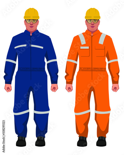 set of fat industrial worker on orange and blue uniform characters in white background