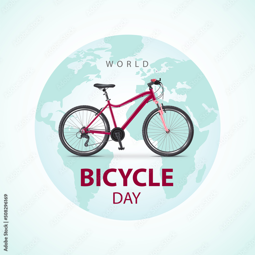 World Bicycle Day on globe background with bike and text World Bicycle Day on globe background with bike and text