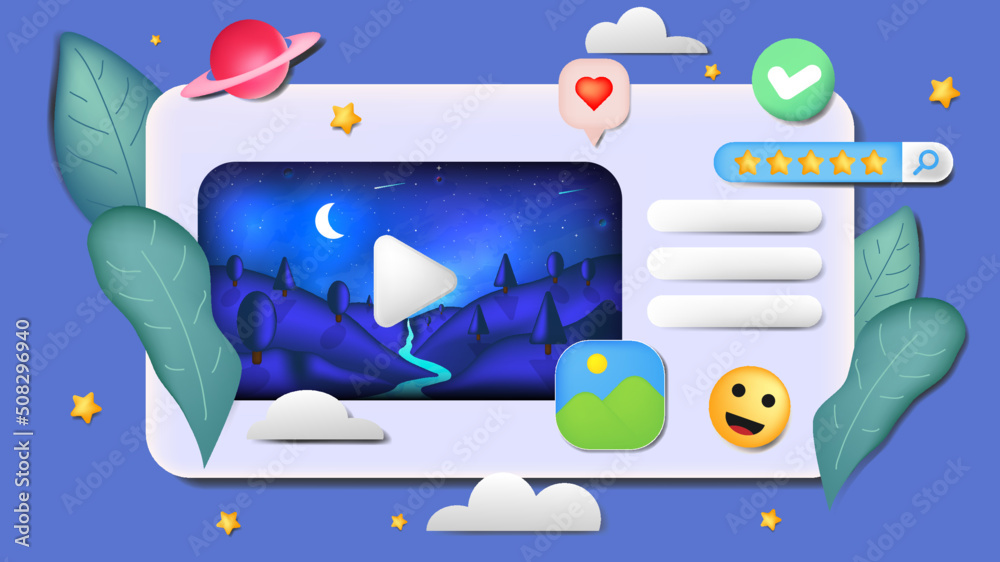 Naklejka premium 3d vector illustration. Modern design style. Online shop, online payment and delivery concept with floating elements. Sale banner, gift box. Emoji and video with night landscape.