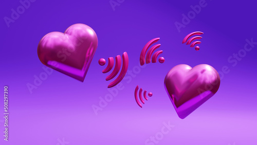 3d render of two pink love valentine hearts sending internet wireless wifi symbols background