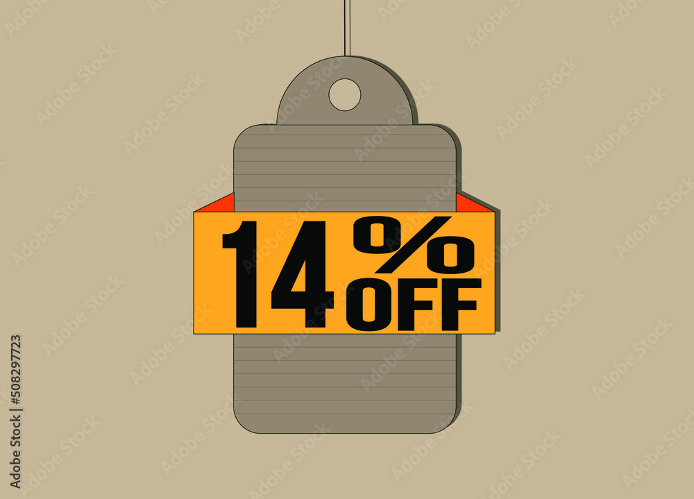 14% off coupon. Label with 14% price reduction for products. 14% off coupon. Label with 14% price reduction for products.