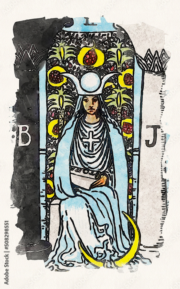 Obraz premium Watercolor Painting Of The High Priestess Tarot Card From The Rider-Waite-Smith Traditional Tarot Deck Depicting A Sage Woman Holding The Tora Sitting Between Two Pillars And A Secretive Curtain