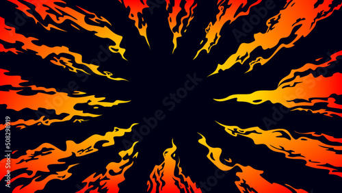 Tongues of fire directed to the center on a black background. Comic fantasy fire flame backgrounds. Design template page. Hand drawn vector art
